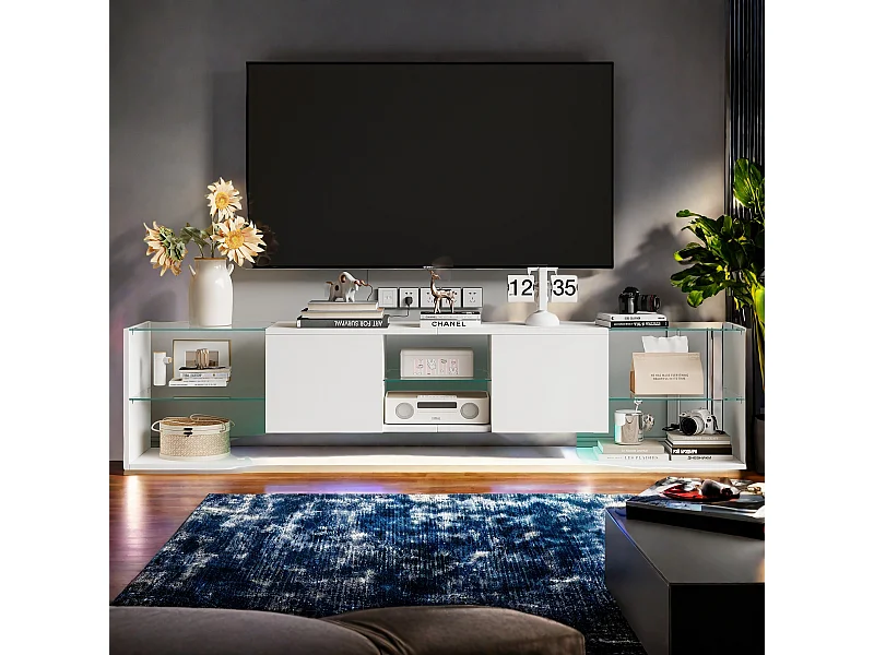 Soporte para TV LED, mesa de TV de 200 cm, soporte para TV con espacio de almacenamiento LED, mesa de TV para salón con espacio de almacenamiento, blanca.