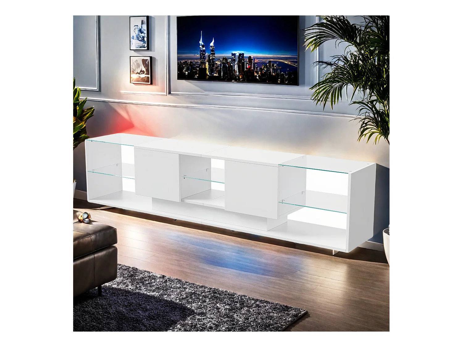 Meuble TV LED, 200 cm Table TV,Meuble Tele avec LED Espace de Rangement,Table de Télévision Salon avec Rangement, Blanc