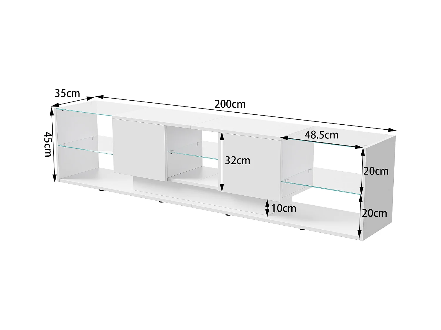 Meuble TV LED, 200 cm Table TV,Meuble Tele avec LED Espace de Rangement,Table de Télévision Salon avec Rangement, Blanc