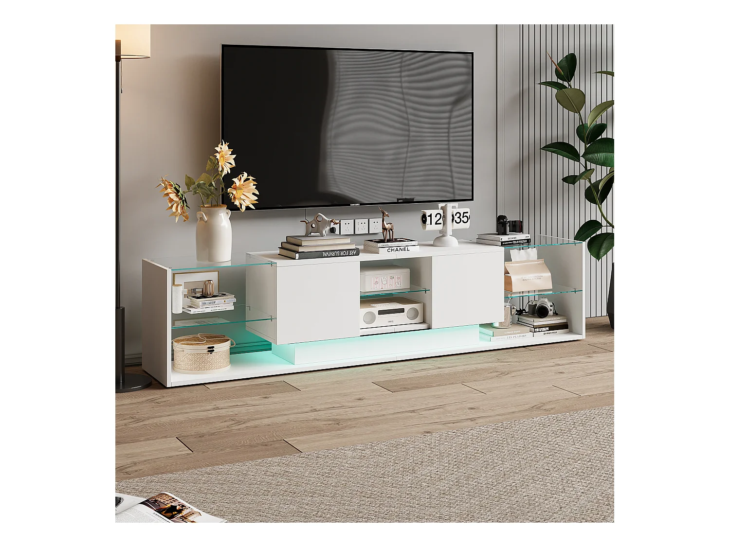 Meuble TV LED, 200 cm Table TV,Meuble Tele avec LED Espace de Rangement,Table de Télévision Salon avec Rangement, Blanc