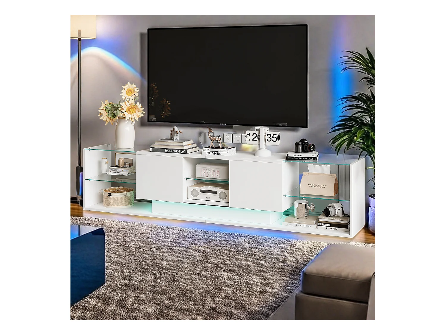 Meuble TV LED, 200 cm Table TV,Meuble Tele avec LED Espace de Rangement,Table de Télévision Salon avec Rangement, Blanc