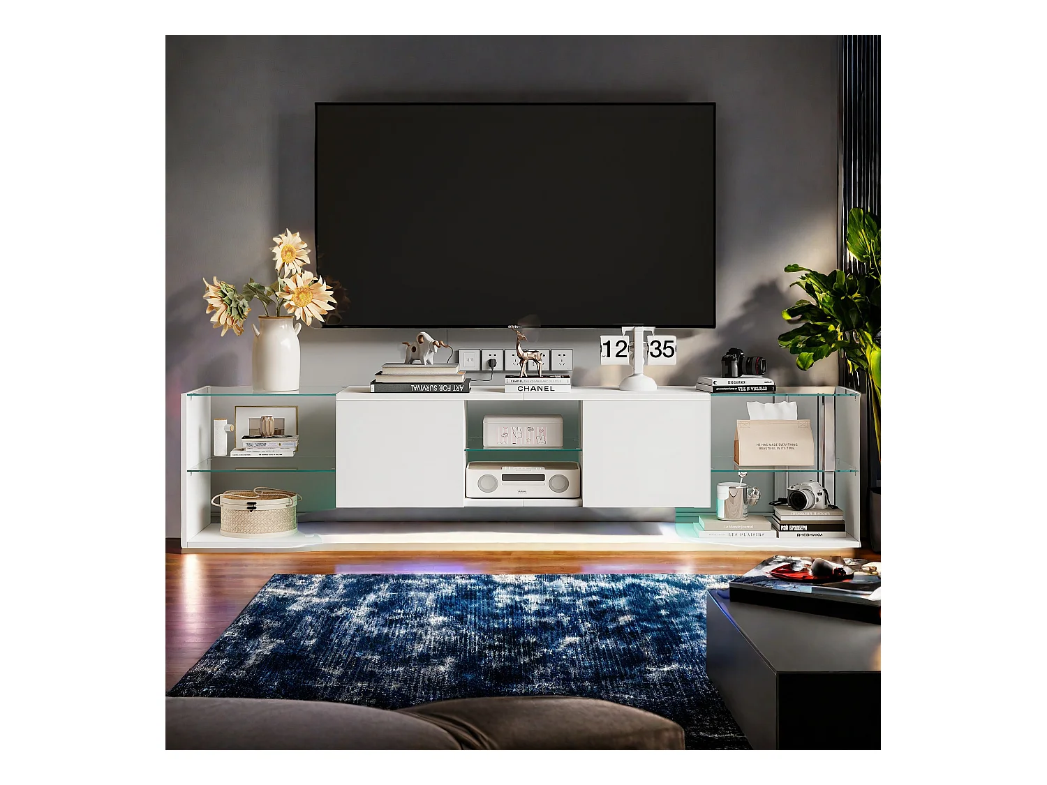 Soporte para TV LED, mesa de TV de 200 cm, soporte para TV con espacio de almacenamiento LED, mesa de TV para salón con espacio de almacenamiento, blanca.