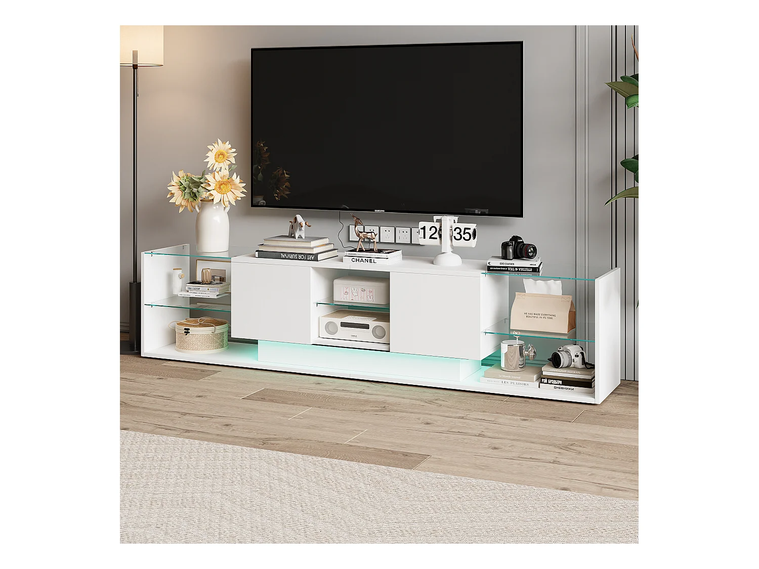 Suporte para TV LED, Mesa de TV de 200 cm, Suporte para TV com espaço de armazenamento LED, Mesa de TV para sala de estar com armazenamento, Branco