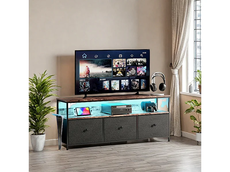 Meuble TV avec lumières LED et tiroirs,  pieds réglables en hauteur Panneau de particules de bureau E1, cadre en fer, noir