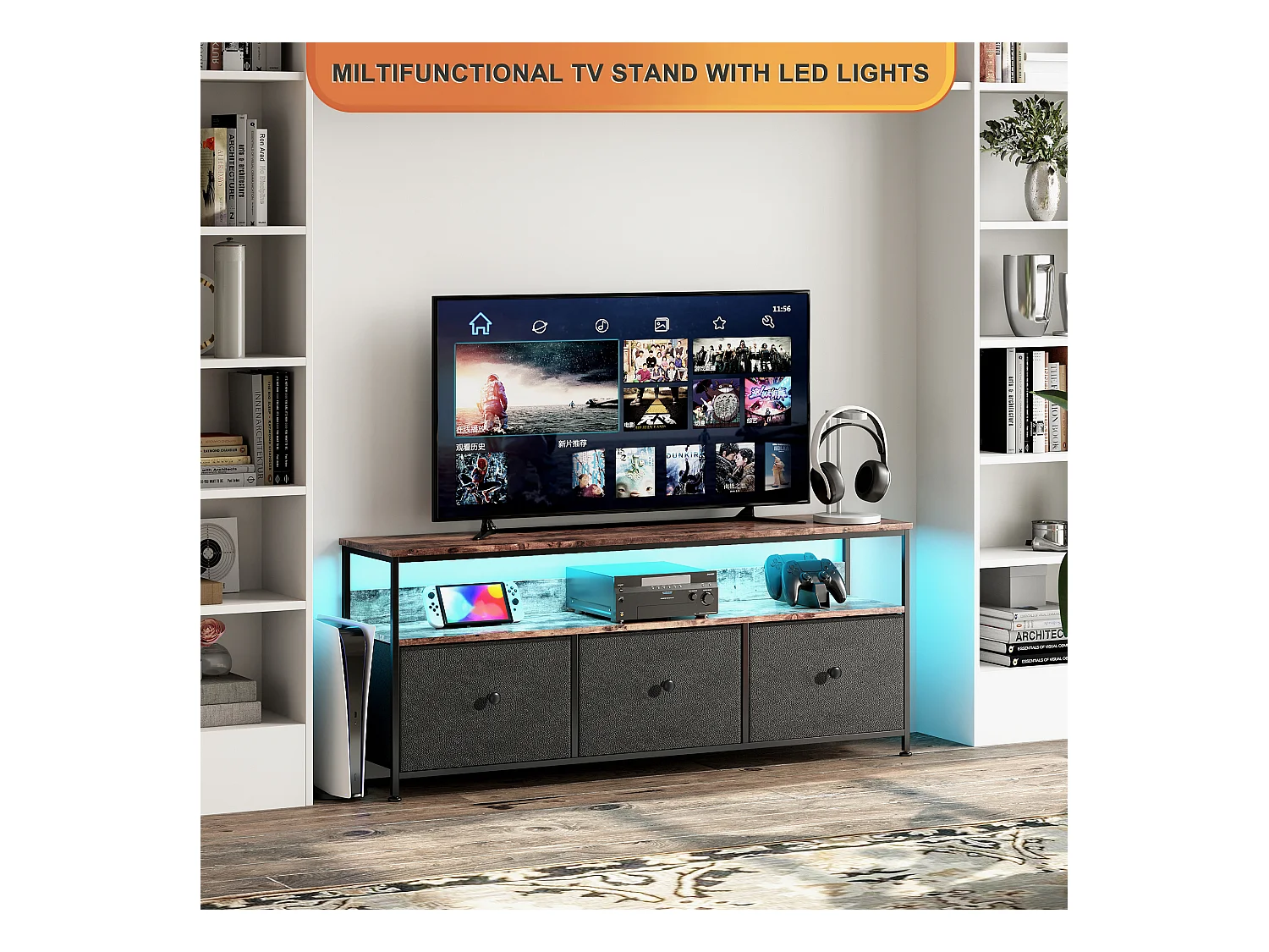 Mobile TV con luci a LED e cassetti, gambe regolabili in altezza, pannello truciolare per ufficio di grado E1, struttura in ferro, nero