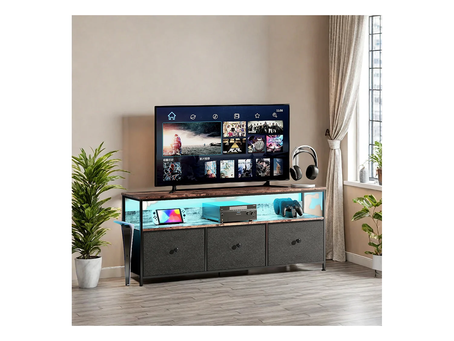 Meuble TV avec lumières LED et tiroirs,  pieds réglables en hauteur Panneau de particules de bureau E1, cadre en fer, noir