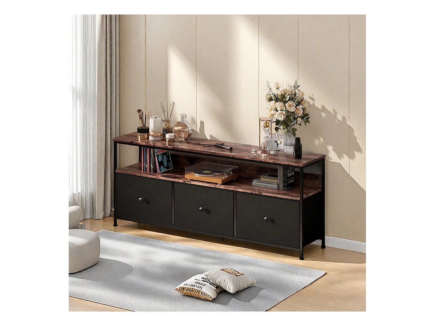 Suporte de TV com luzes LED e gavetas, pernas ajustáveis em altura, aglomerado de partículas de escritório de grau E1, estrutura de ferro, preto