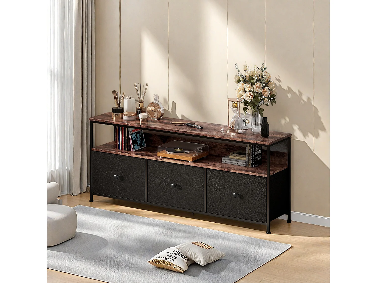 Soporte para TV con luces LED y cajones, patas regulables en altura, tablero de partículas de oficina de grado E1, estructura de hierro, negra.