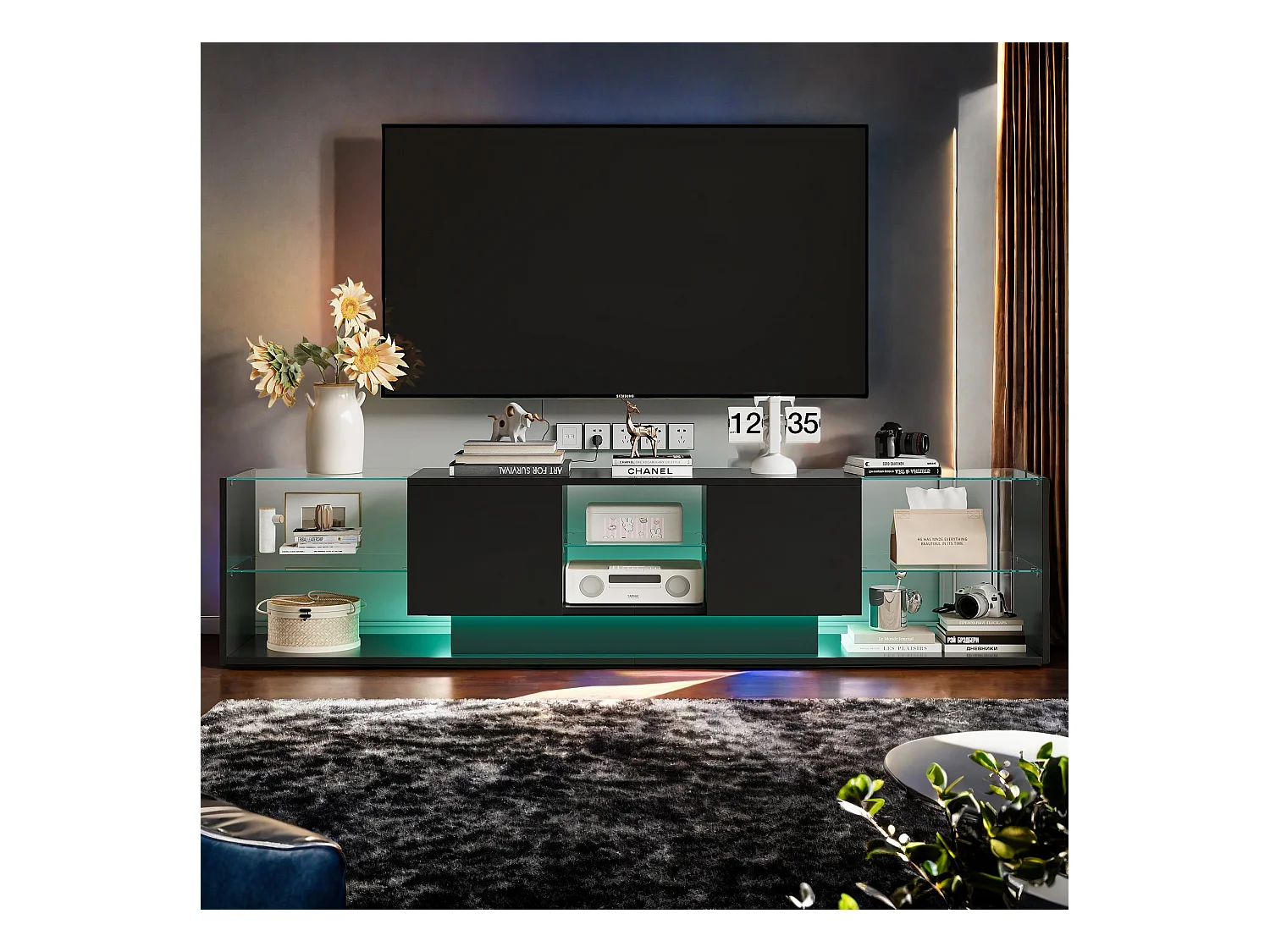 Mobile TV LED, tavolo TV da 200 cm, mobile TV con spazio di archiviazione LED, tavolo TV da soggiorno con spazio di archiviazione, nero