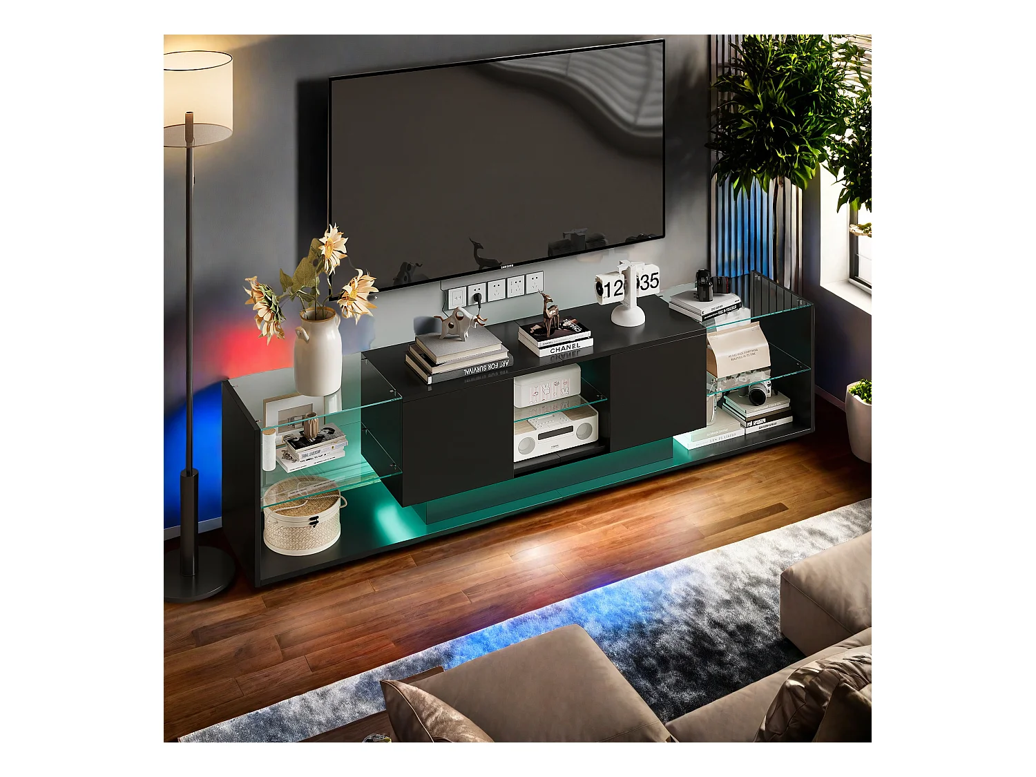 Soporte para TV LED, mesa de TV de 200 cm, soporte para TV con espacio de almacenamiento LED, mesa de TV para salón con espacio de almacenamiento, negra.