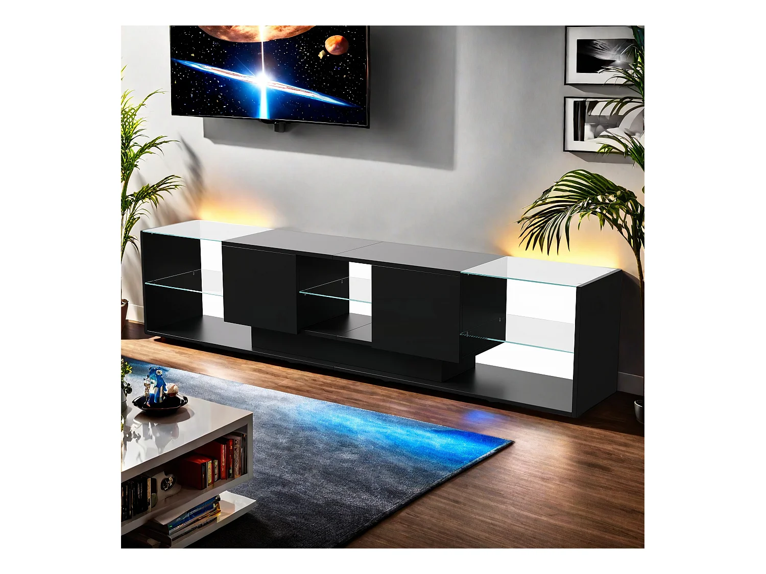 Suporte para TV LED, Mesa de TV de 200 cm, Suporte para TV com espaço de armazenamento LED, Mesa de TV para sala de estar com armazenamento, Preto