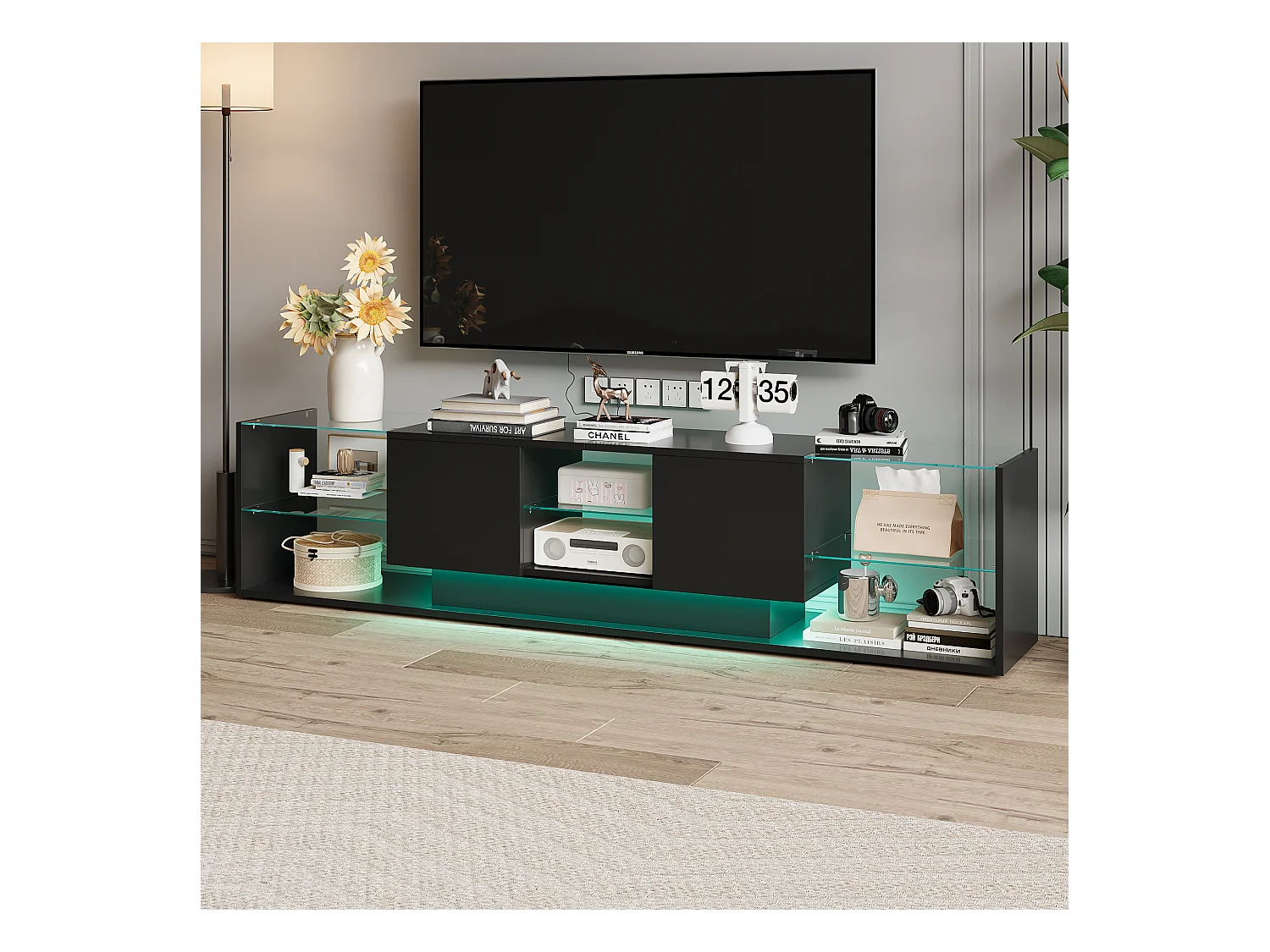 Suporte para TV LED, Mesa de TV de 200 cm, Suporte para TV com espaço de armazenamento LED, Mesa de TV para sala de estar com armazenamento, Preto