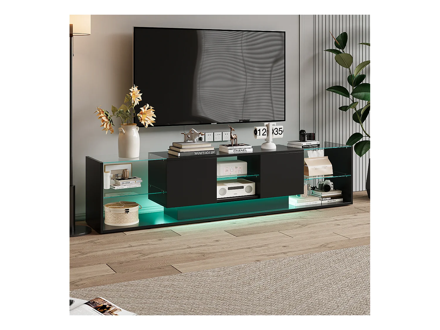 Suporte para TV LED, Mesa de TV de 200 cm, Suporte para TV com espaço de armazenamento LED, Mesa de TV para sala de estar com armazenamento, Preto