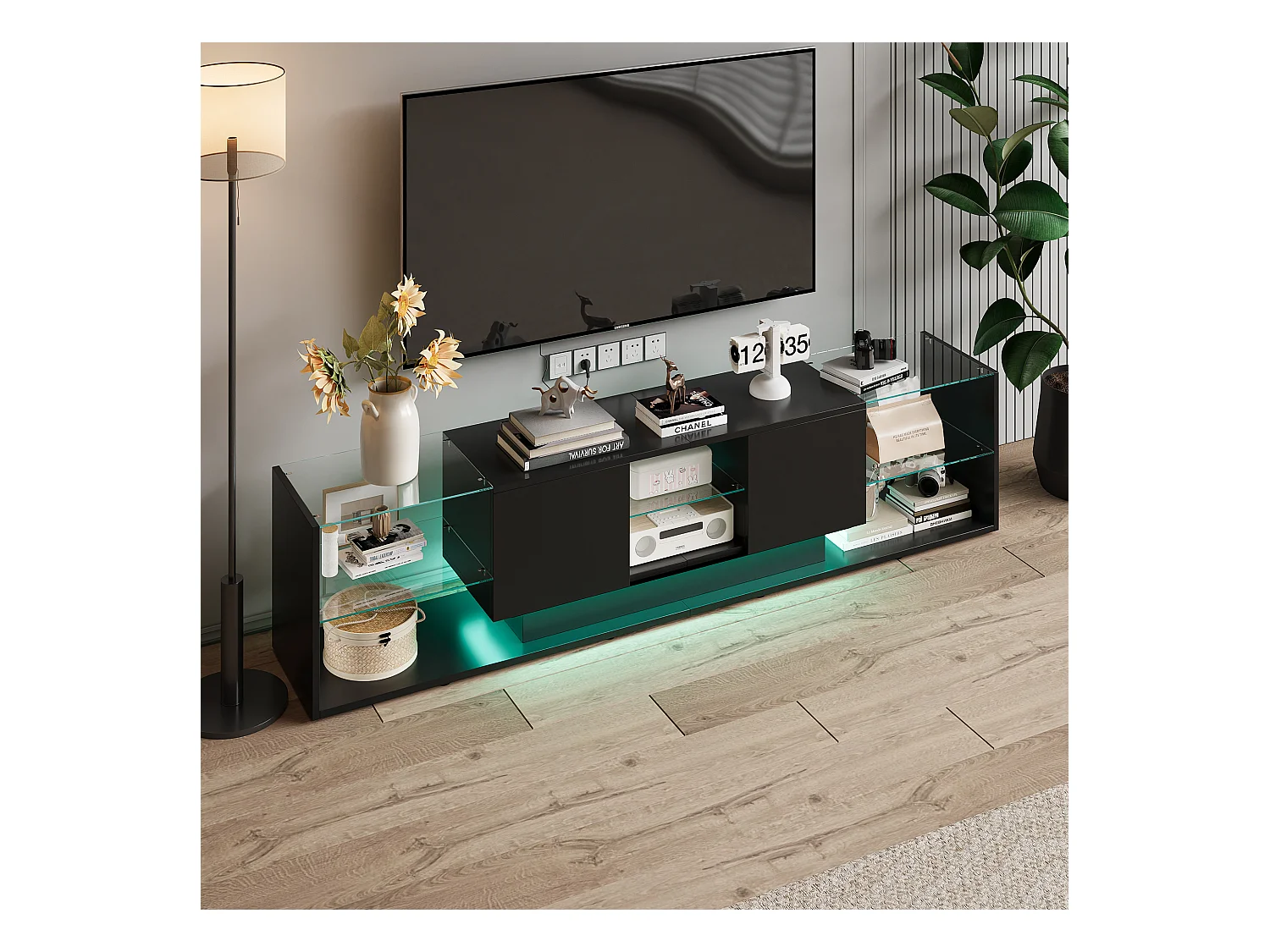 Suporte para TV LED, Mesa de TV de 200 cm, Suporte para TV com espaço de armazenamento LED, Mesa de TV para sala de estar com armazenamento, Preto