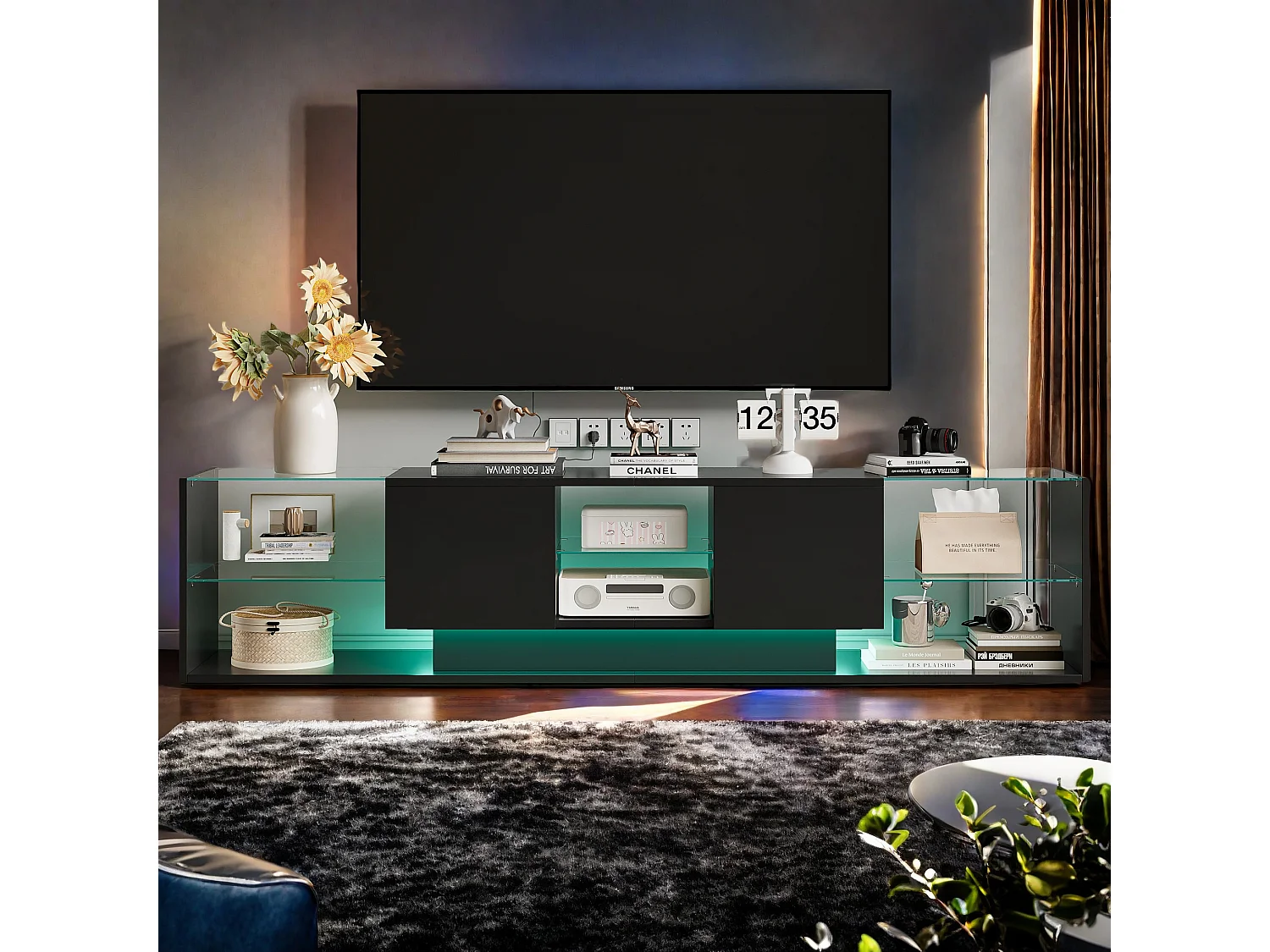 Meuble TV LED, 200 cm Table TV,Meuble Tele avec LED Espace de Rangement,Table de Télévision Salon avec Rangement, Noir
