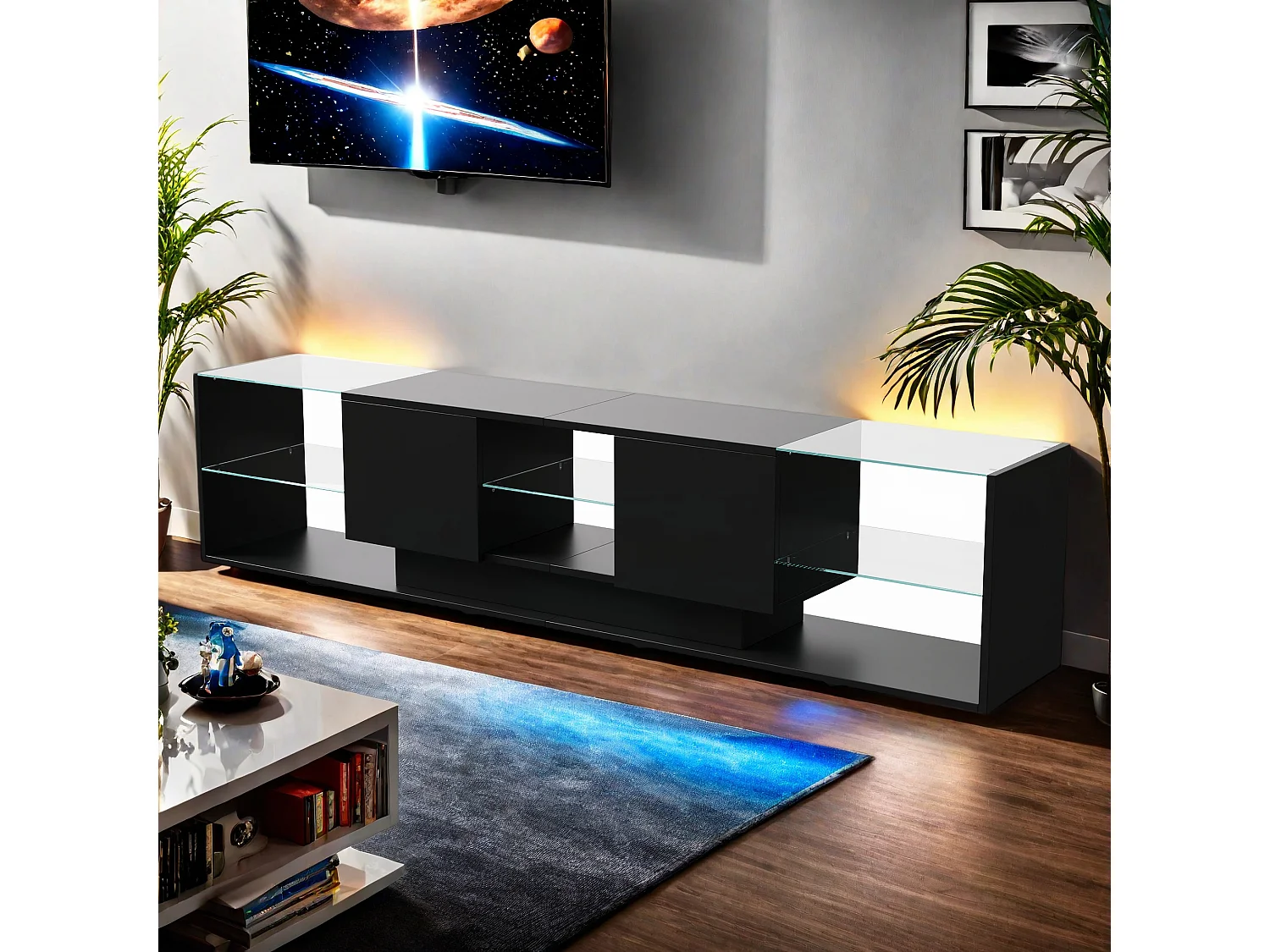 Meuble TV LED, 200 cm Table TV,Meuble Tele avec LED Espace de Rangement,Table de Télévision Salon avec Rangement, Noir