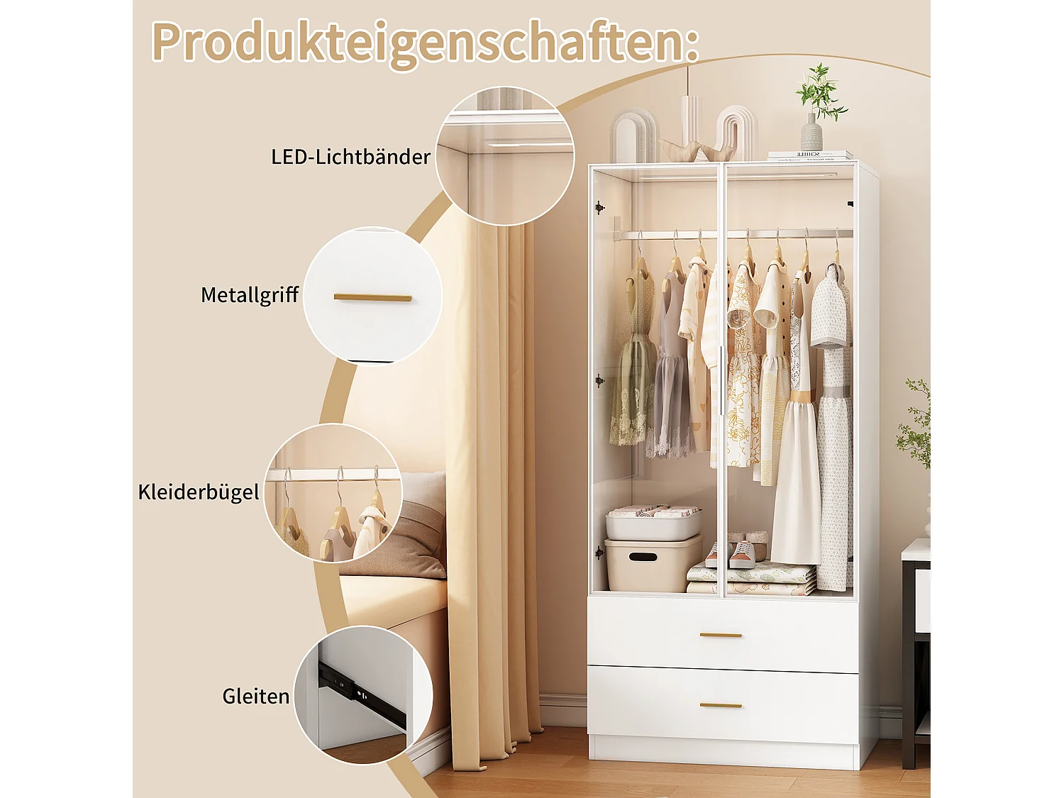 Armoire blanc avec portes en verre trempé et éclairage LED, penderie avec 1 tringle, 2 tiroirs, MDF de qualité supérieure