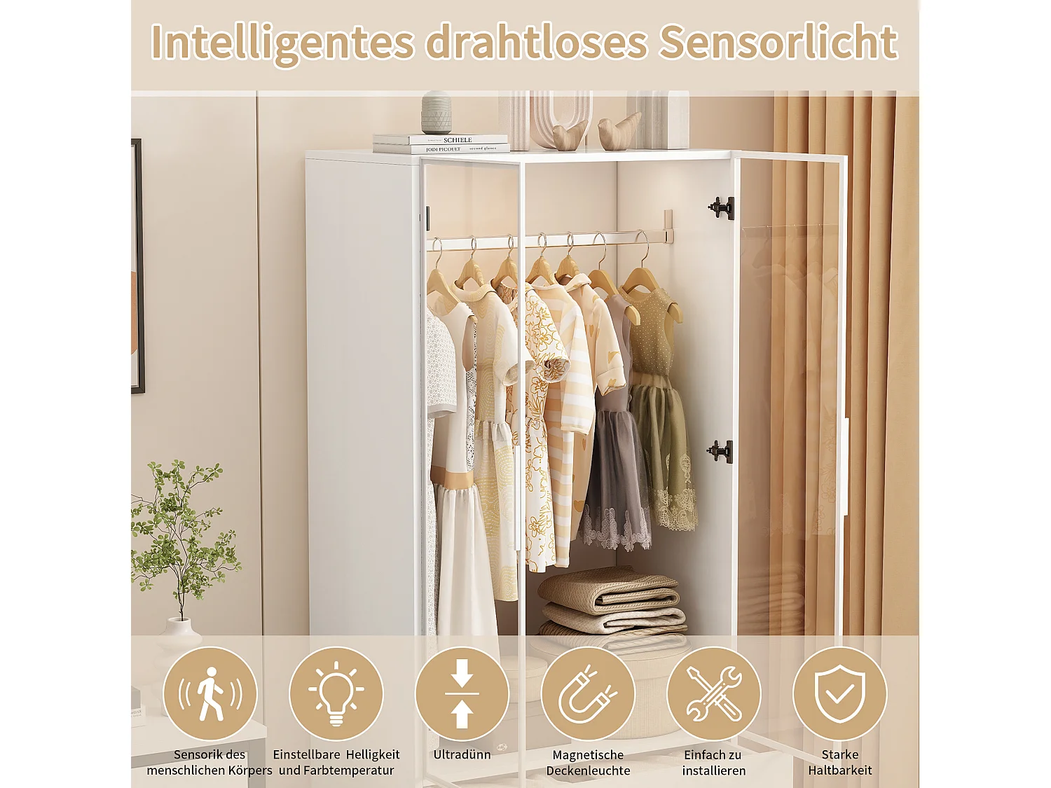 Armoire blanc avec portes en verre trempé et éclairage LED, penderie avec 1 tringle, 2 tiroirs, MDF de qualité supérieure