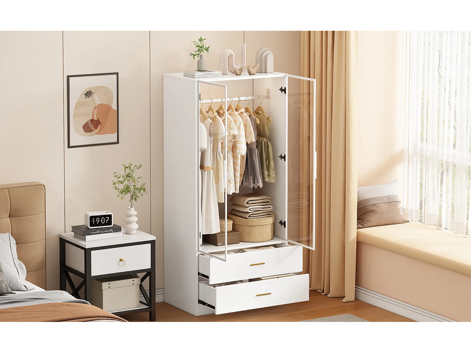 Armoire blanc avec portes en verre trempé et éclairage LED, penderie avec 1 tringle, 2 tiroirs, MDF de qualité supérieure