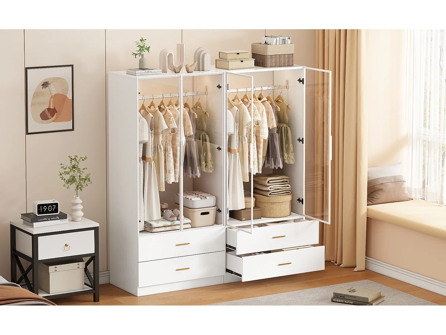 Armoire blanc avec portes en verre trempé et éclairage LED, penderie avec 1 tringle, 2 tiroirs, MDF de qualité supérieure