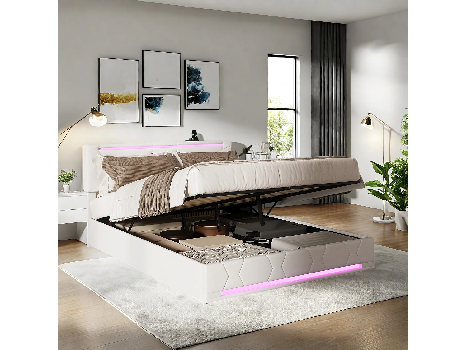Letto contenitore 160x200 cm in tessuto beige con strisce LED nella testata/piedi del letto, prese USB e testiera regolabile