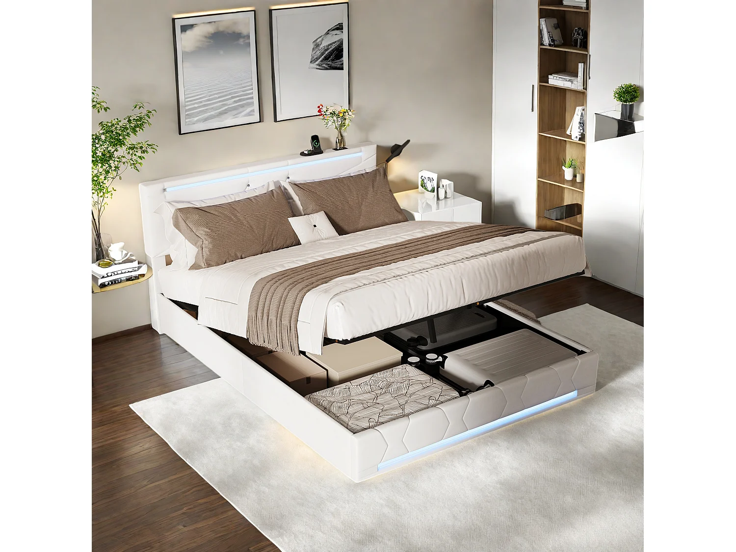 Letto contenitore 160x200 cm in tessuto beige con strisce LED nella testata/piedi del letto, prese USB e testiera regolabile