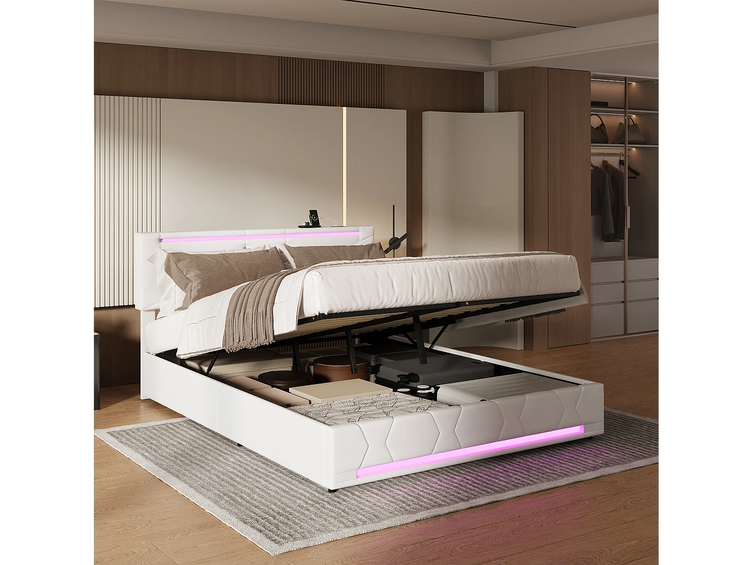 Letto contenitore 160x200 cm in tessuto beige con strisce LED nella testata/piedi del letto, prese USB e testiera regolabile
