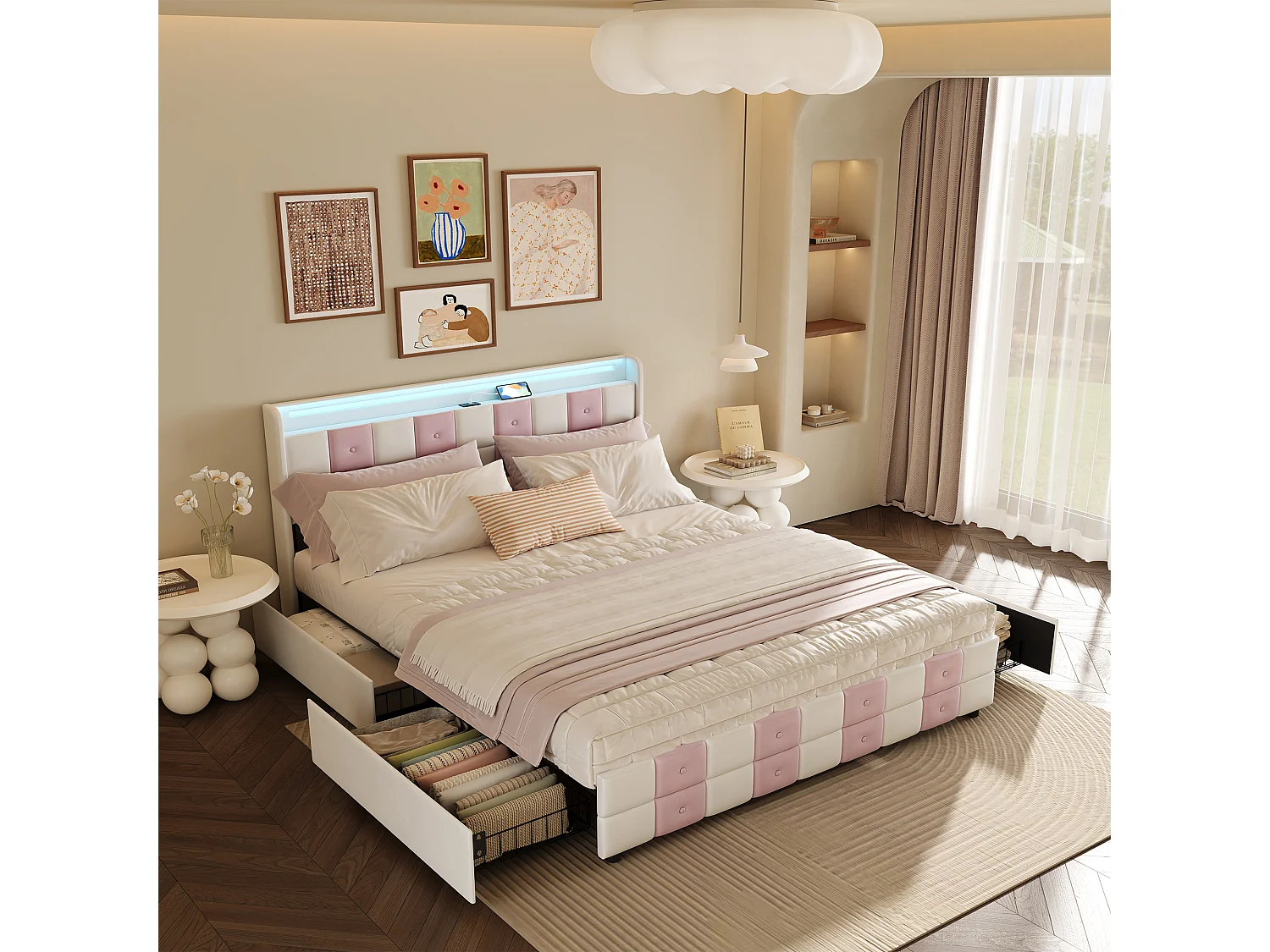 Lit 140x200 cm blanc/rose en velours avec 4 tiroirs, LED 7 couleurs, ports USB, confort et rangement, style moderne