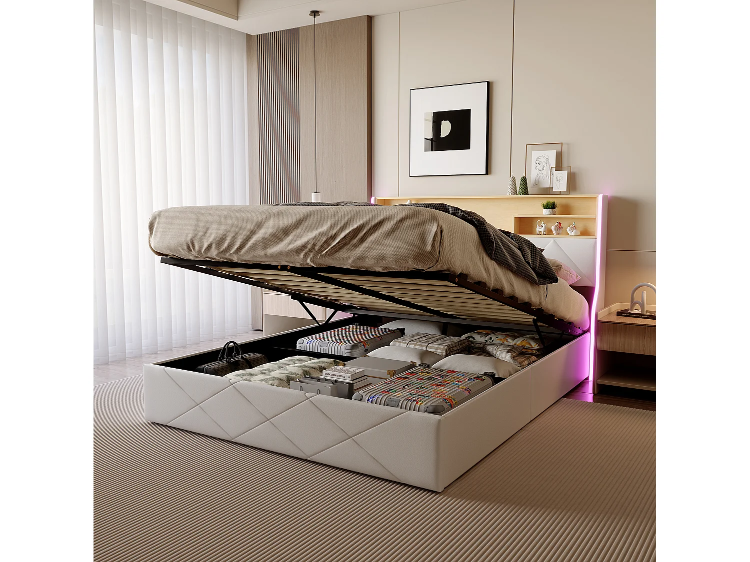 160x200 cm opbergbed in wit imitatieleer en licht eikenhout, hoofdbord met opbergruimte, USB-aansluitingen en ledstrips