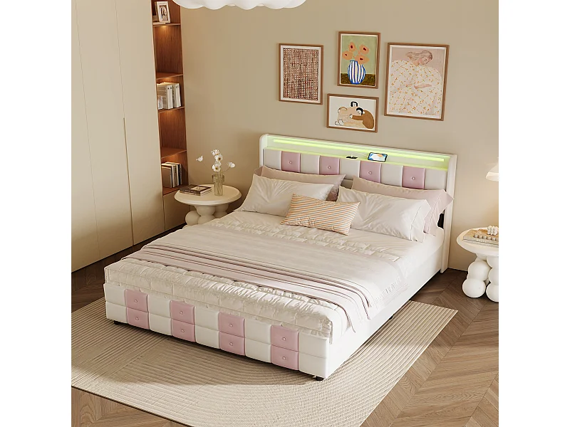 Lit 140x190 cm blanc/rose en velours avec 4 tiroirs, LED 7 couleurs, ports USB, confort et rangement, style moderne