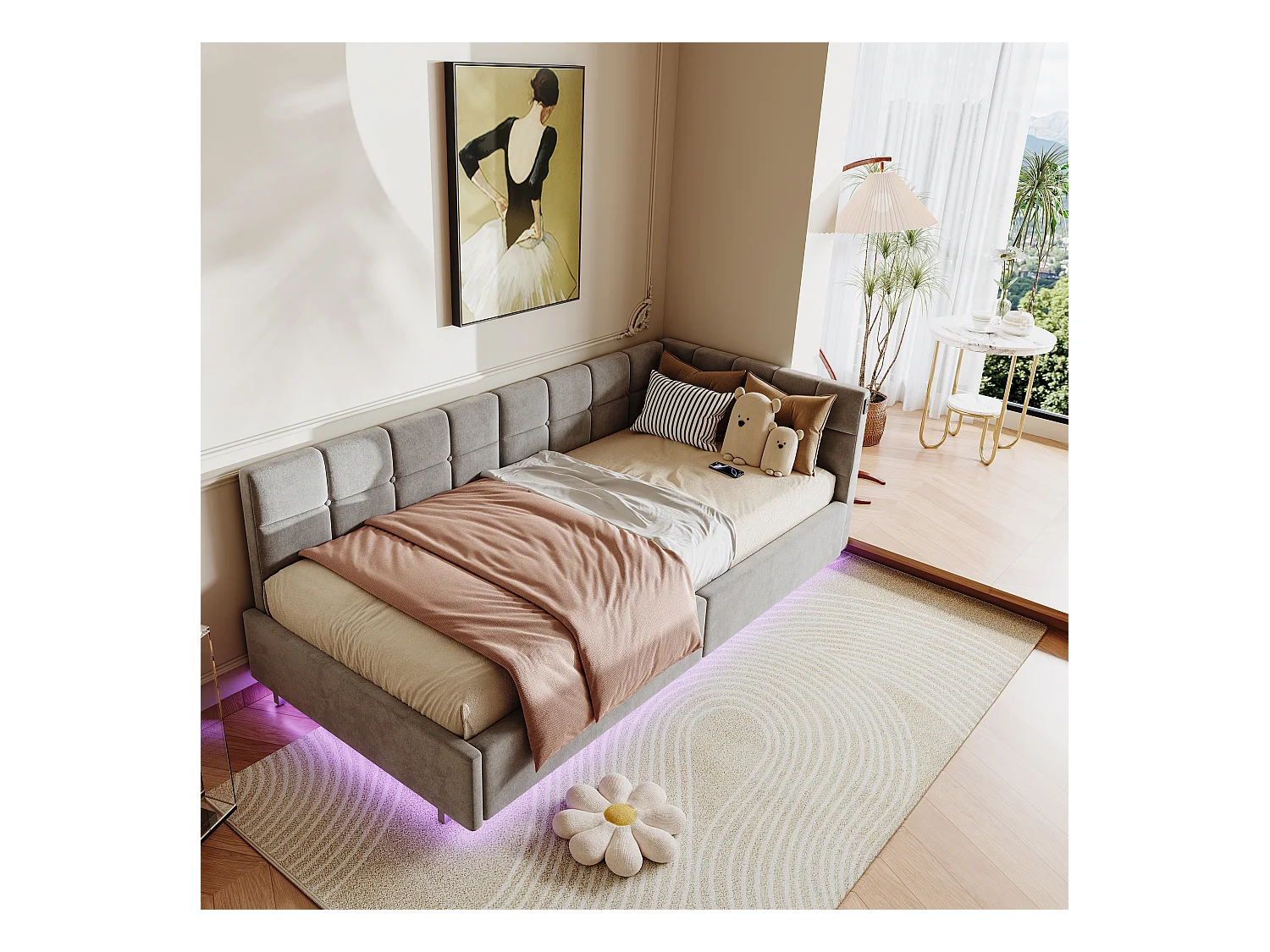 Letto galleggiante 90x200 cm in tessuto grigio, letto idraulico, porta USB + Type-C, striscia LED sotto il letto con telecomando