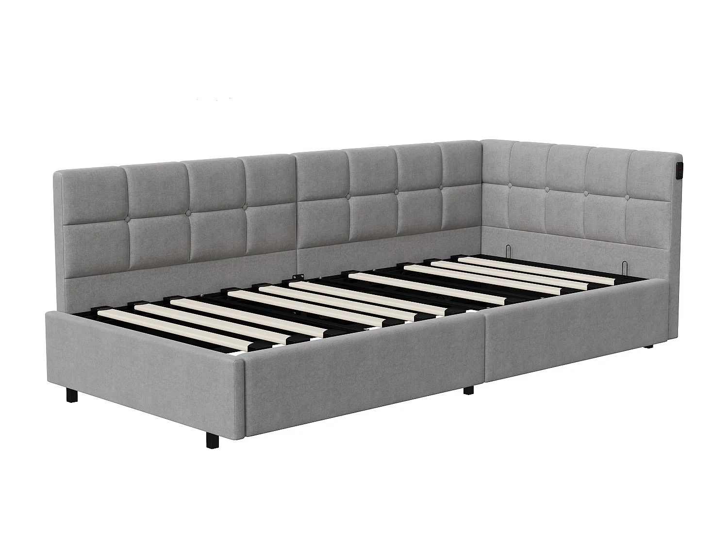Cama flutuante 90x200 cm tecido cinza, cama hidráulica, porta USB + Tipo C, faixa de LED embaixo da cama com controle remoto