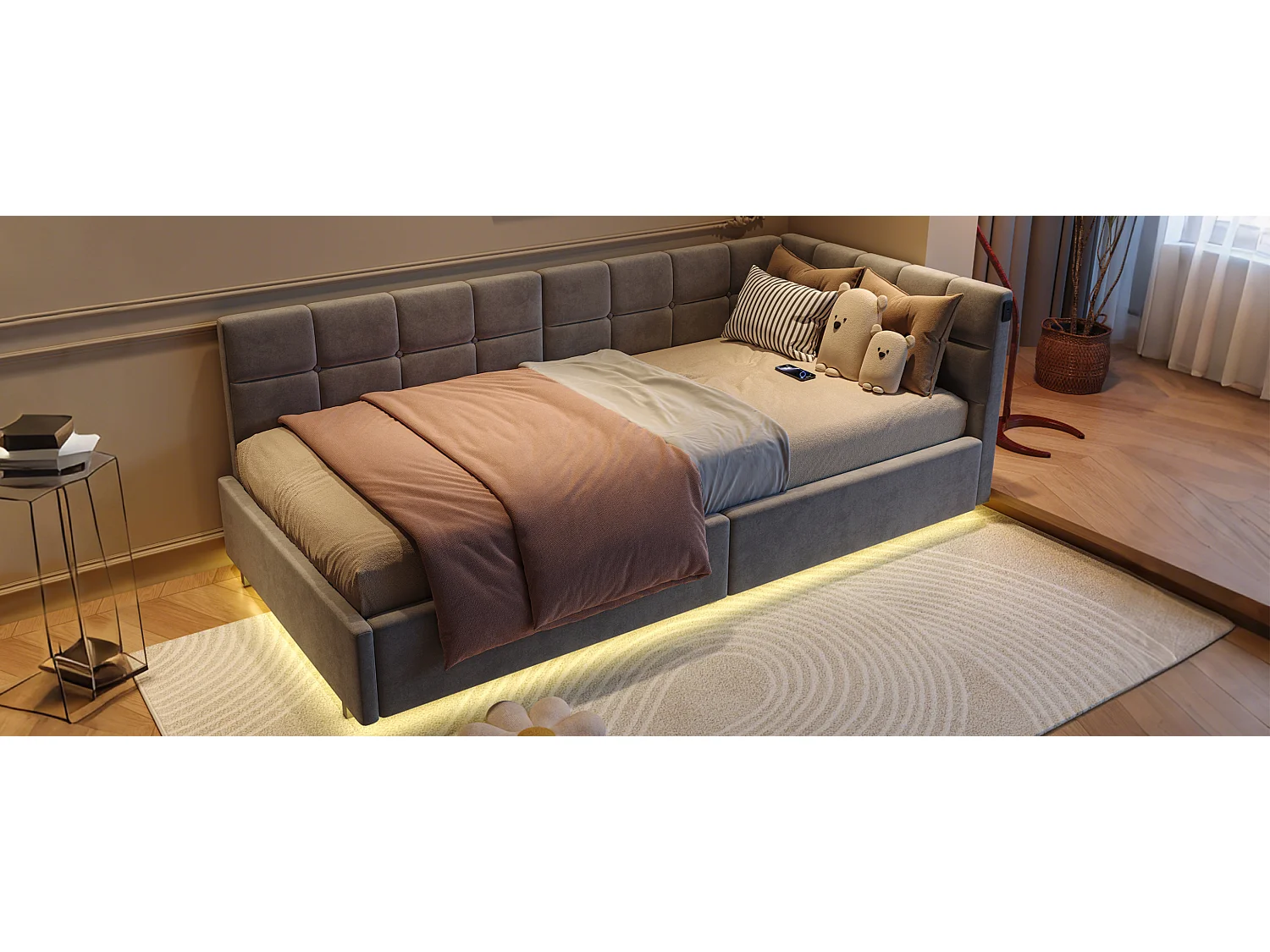 Cama flutuante 90x200 cm tecido cinza, cama hidráulica, porta USB + Tipo C, faixa de LED embaixo da cama com controle remoto