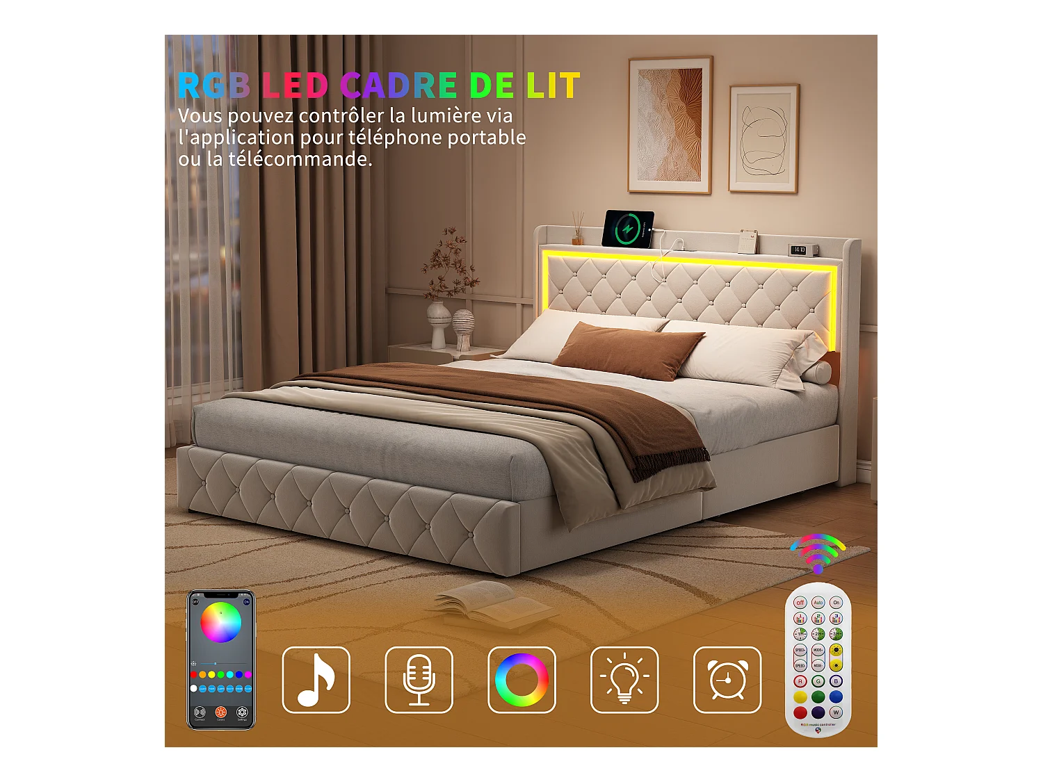 Letto con cassetti 160x200 cm in velluto beige, testiera e contenitore a gas, luce LED, porta USB + Type-C, design moderno e confortevole