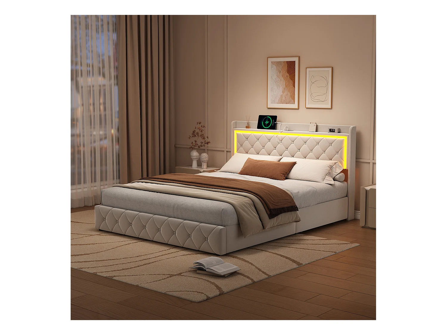Letto con cassetti 160x200 cm in velluto beige, testiera e contenitore a gas, luce LED, porta USB + Type-C, design moderno e confortevole