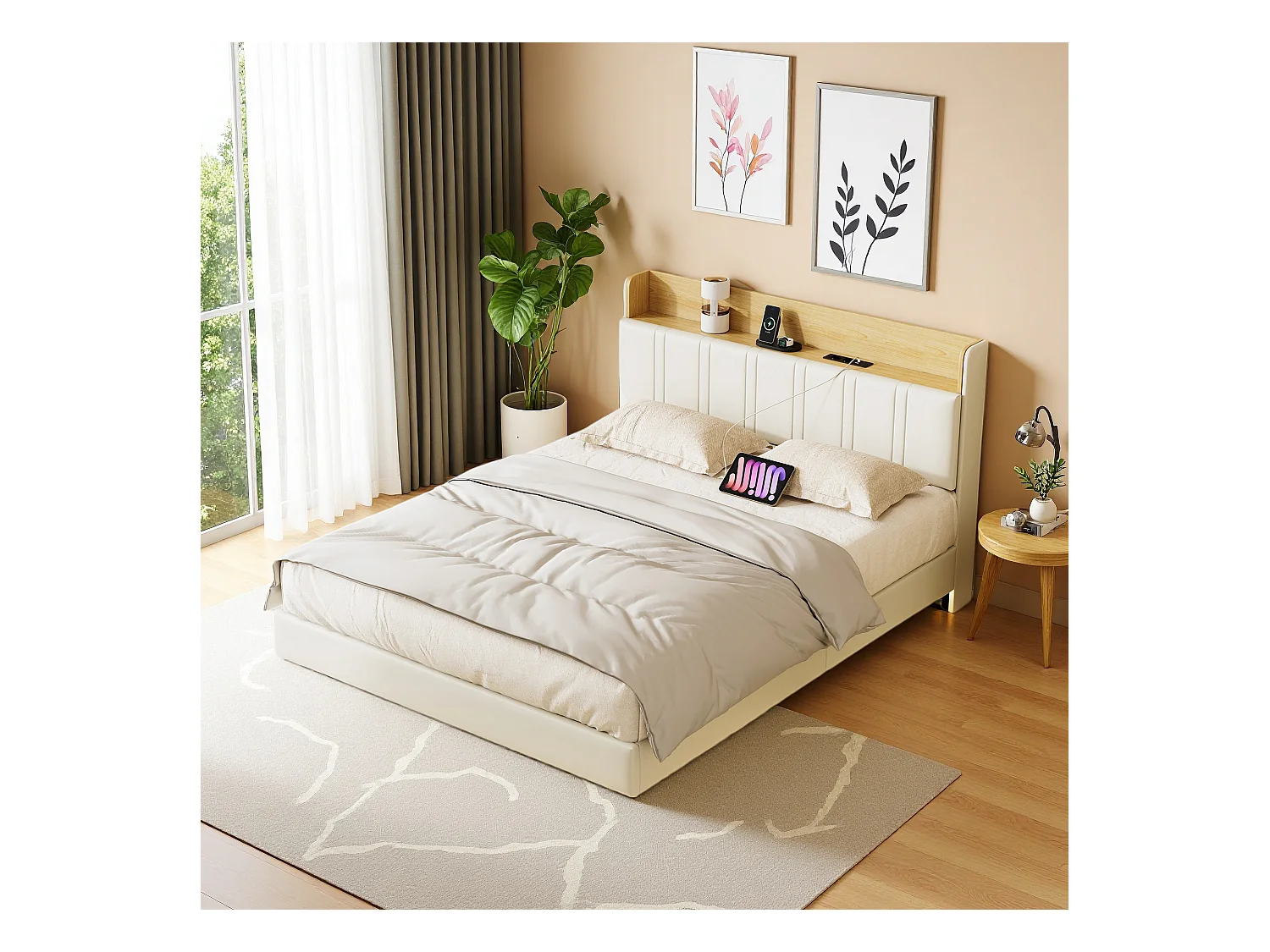 Lit flottant 140x190 cm blanc PU + bois clair, rangement tiroir, éclairage LED sous lit, double port USB, poche latérale