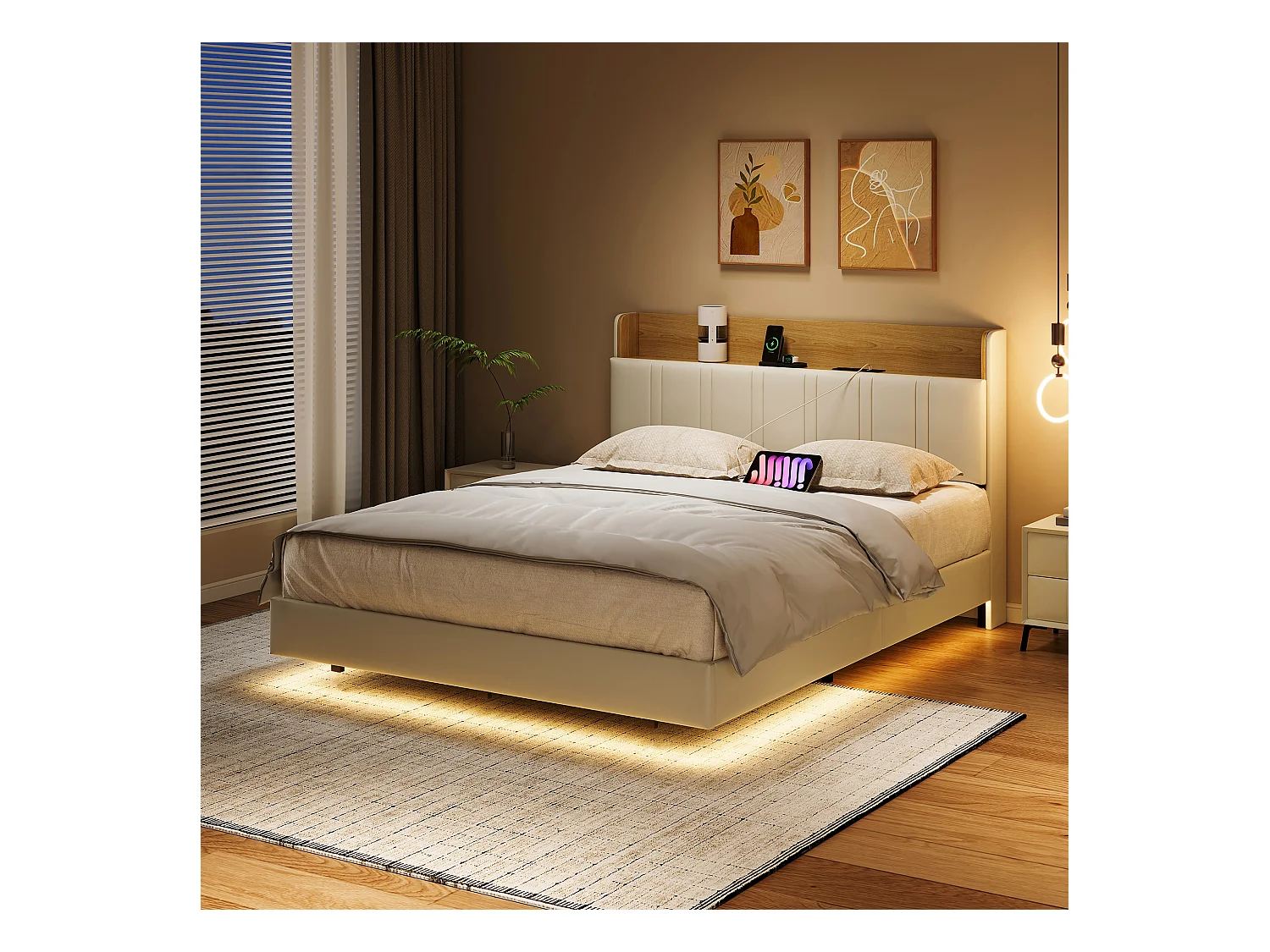 Lit flottant 140x190 cm blanc PU + bois clair, rangement tiroir, éclairage LED sous lit, double port USB, poche latérale
