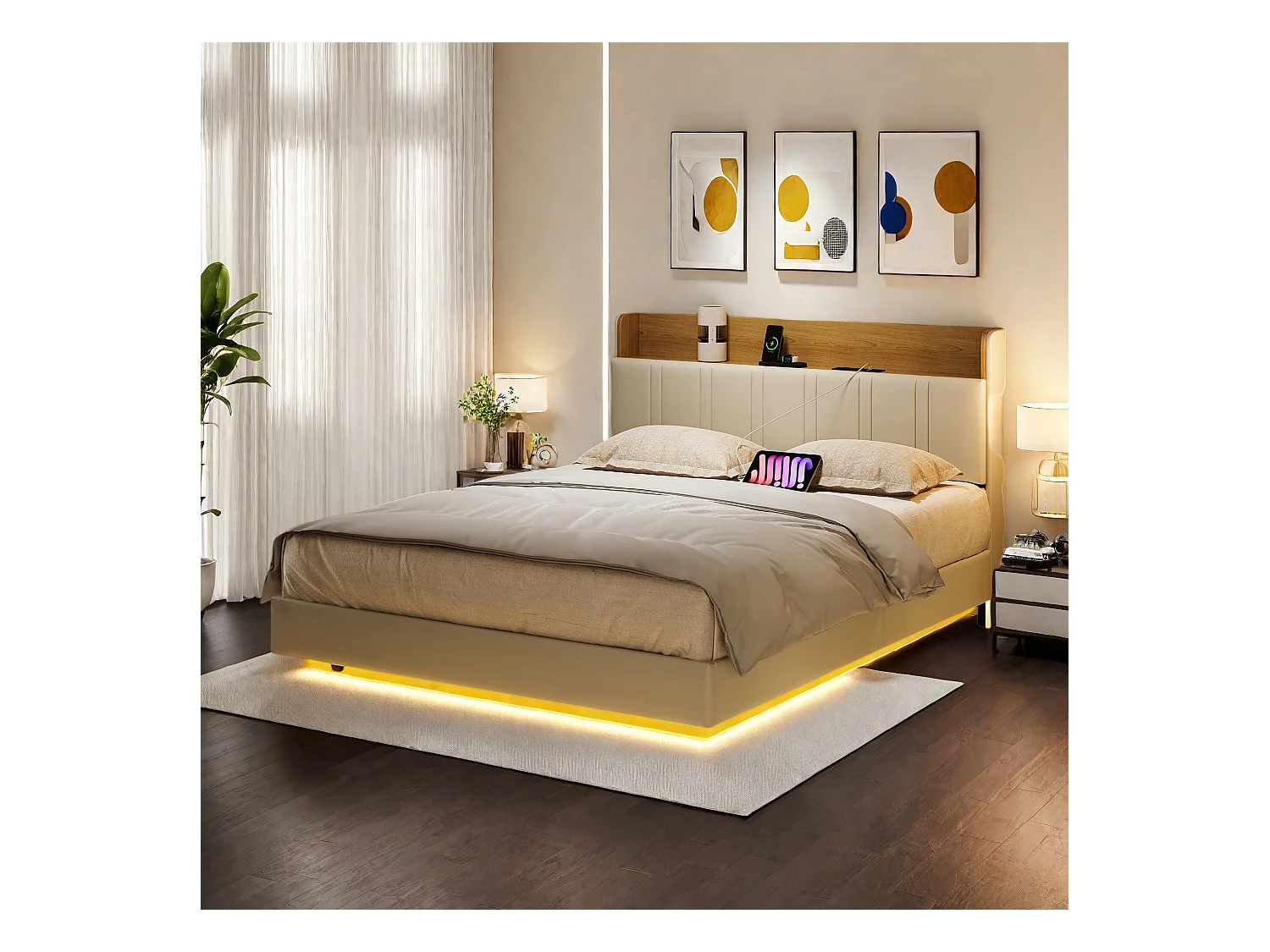Cama flutuante 140x190 cm PU branco + madeira clara, gavetas para armazenamento, iluminação LED embaixo da cama, porta USB dupla, bolso lateral