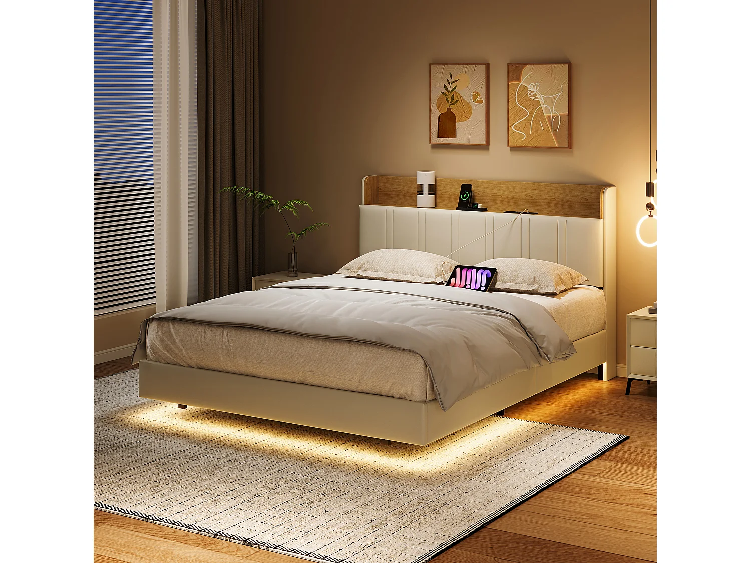 Cama suspendida de 140x190 cm en PU blanco + madera clara, cajón de almacenaje, iluminación LED bajo la cama, doble puerto USB, bolsillo lateral