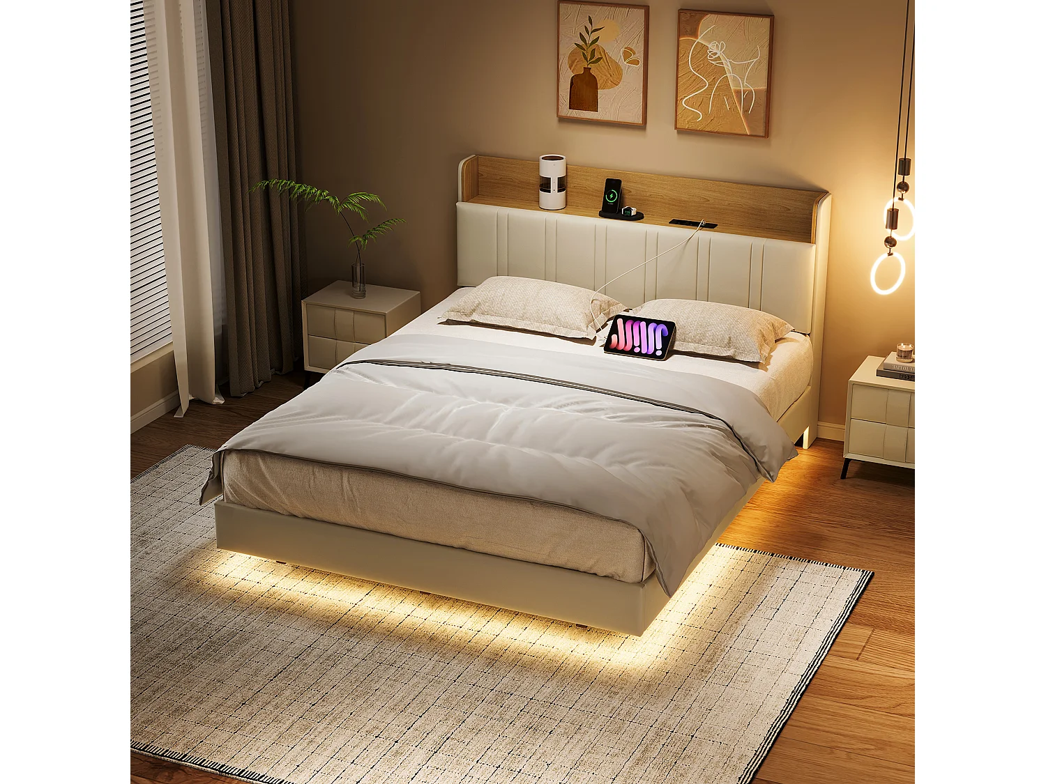 Cama suspendida de 140x190 cm en PU blanco + madera clara, cajón de almacenaje, iluminación LED bajo la cama, doble puerto USB, bolsillo lateral