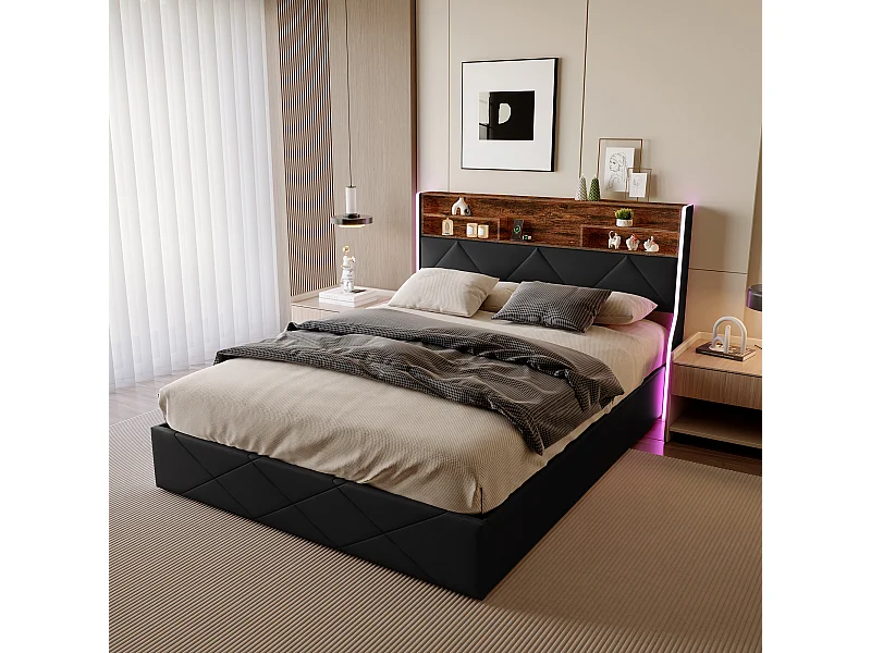 160x200 cm opbergbed in zwart imitatieleer en licht eikenhout, hoofdbord met opbergruimte, USB-aansluitingen en ledstrips