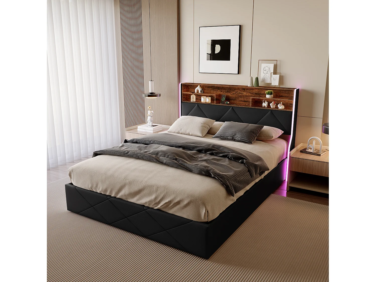 Cama con canapé de 160 x 200 cm en polipiel negra y roble claro, con cabecero con espacio de almacenamiento, puertos USB y tiras LED.