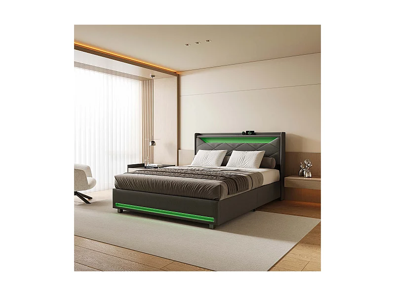 Lit coffre en tissu gris 140x200 cm avec tête de lit LED, prises USB/Type-C, bandes lumineuses et rangement intégré
