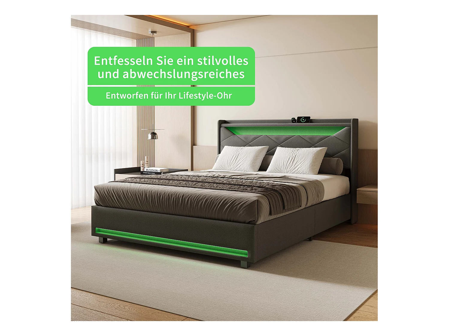 Lit coffre en tissu gris 140x200 cm avec tête de lit LED, prises USB/Type-C, bandes lumineuses et rangement intégré