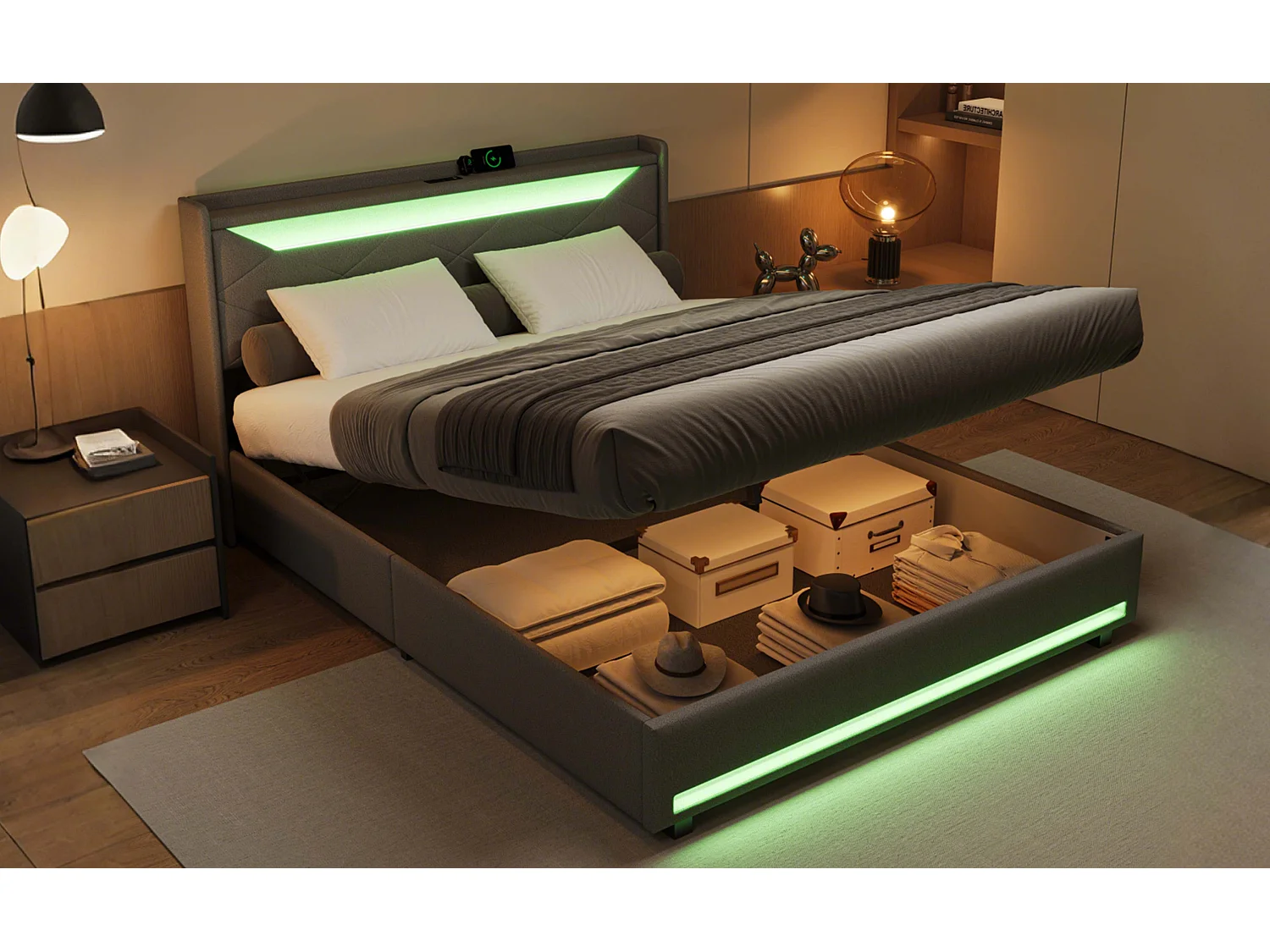 Lit coffre en tissu gris 140x200 cm avec tête de lit LED, prises USB/Type-C, bandes lumineuses et rangement intégré