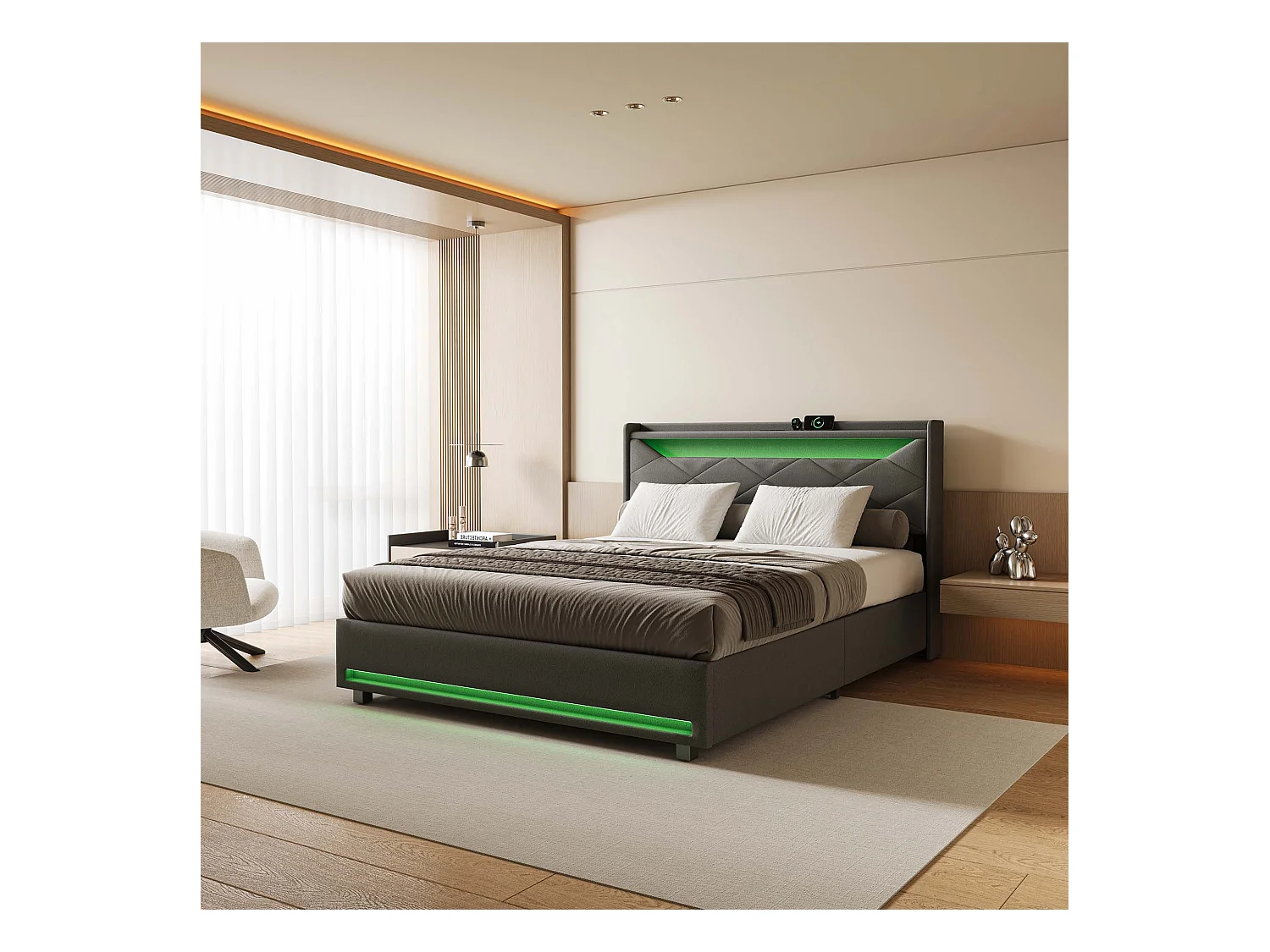 140x 200 cm grijs stoffen opbergbed met led-hoofdbord, USB/Type-C-aansluitingen, lichtstrips en geïntegreerde opbergruimte