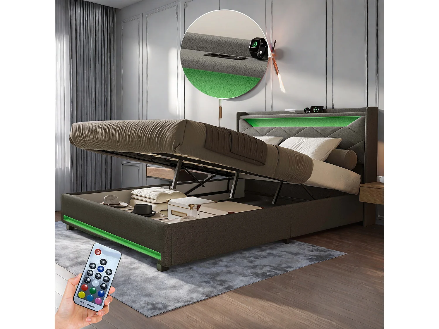 140x 200 cm grijs stoffen opbergbed met led-hoofdbord, USB/Type-C-aansluitingen, lichtstrips en geïntegreerde opbergruimte