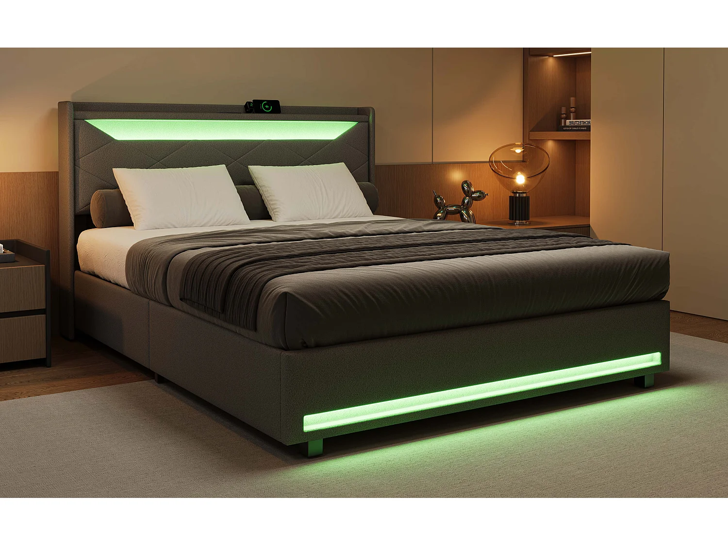140x 200 cm grijs stoffen opbergbed met led-hoofdbord, USB/Type-C-aansluitingen, lichtstrips en geïntegreerde opbergruimte
