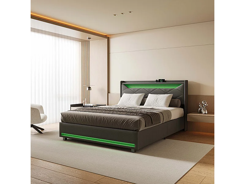 140x 200 cm grijs stoffen opbergbed met led-hoofdbord, USB/Type-C-aansluitingen, lichtstrips en geïntegreerde opbergruimte