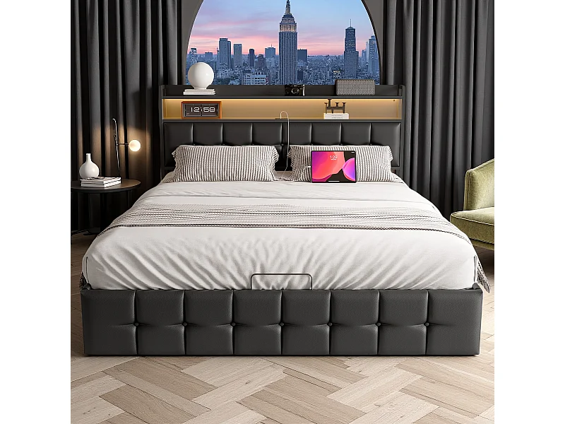 Letto contenitore 140x190 cm in similpelle nera con LED RGB, testiera con prese USB/Type-C e contenitore integrato